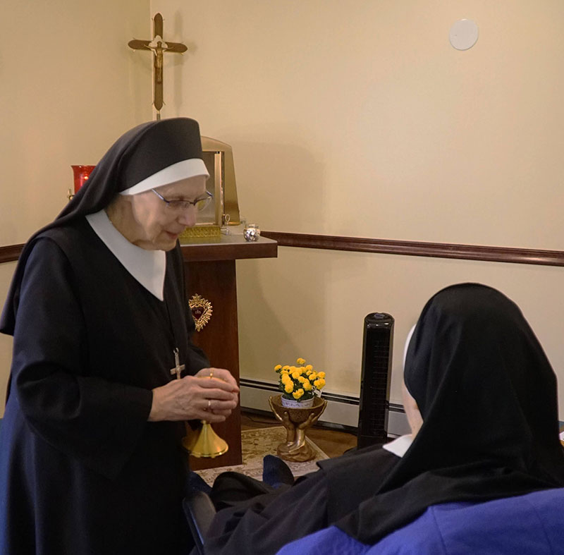 The spiritual care of our elderly and infirm Sisters is very important to us.  Mother Mark brings Holy Communion to the Sisters unable to attend Mass in the Chapel.